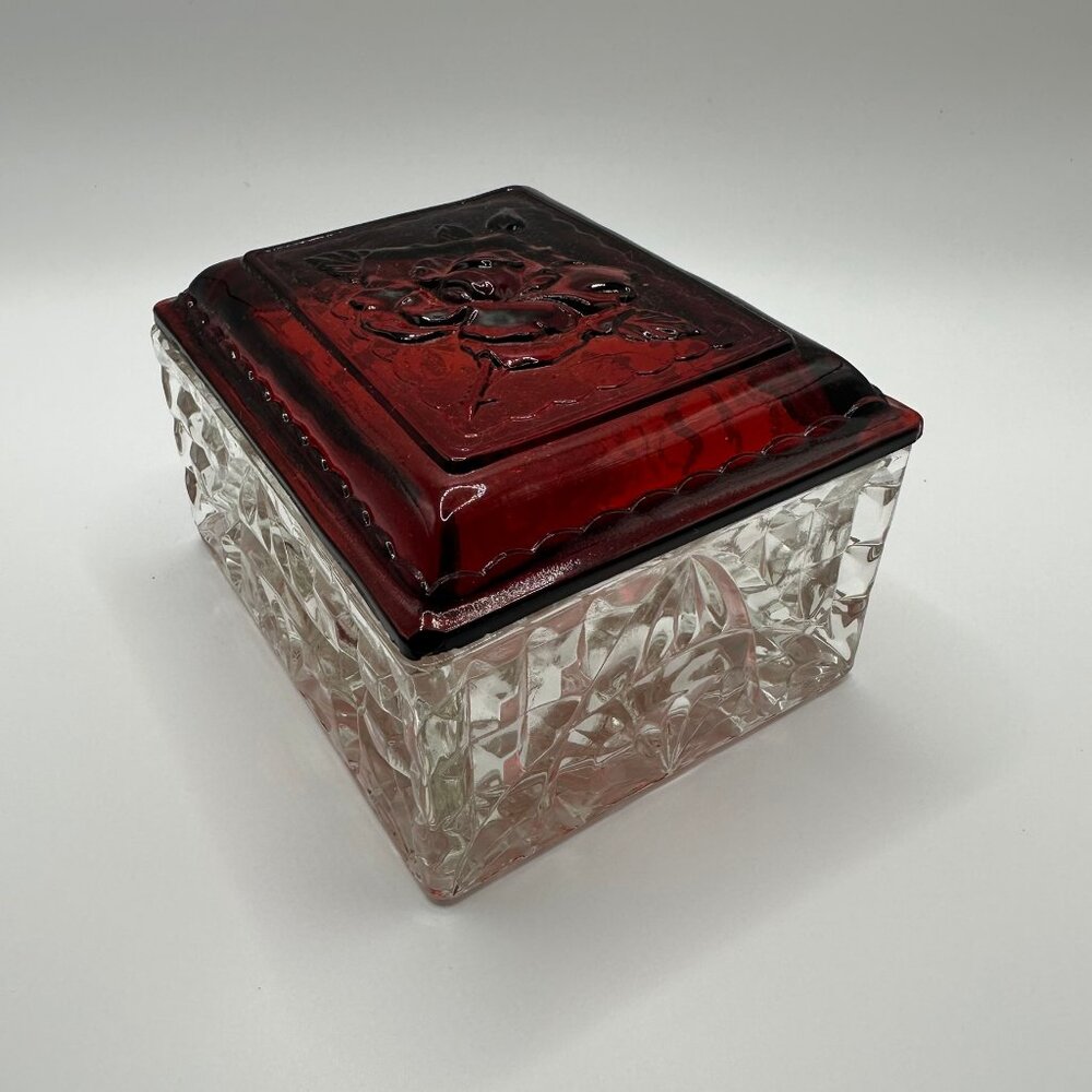 Vintage Anchor Hocking Cut Glass Jewelry/Trinket Box with Ruby Red Rose Lid